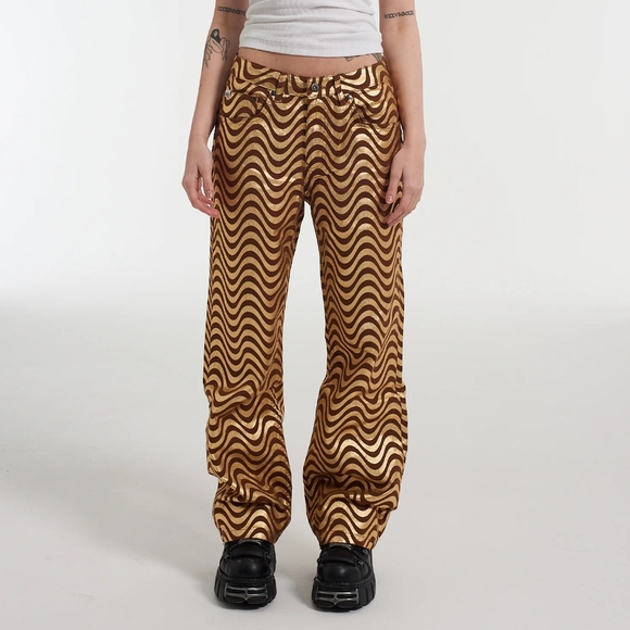 NEW Urban Outfitters x Ragged Priest Brown/Metallic Gold Glitter Wave Jeans 36 - Picture 1 of 10